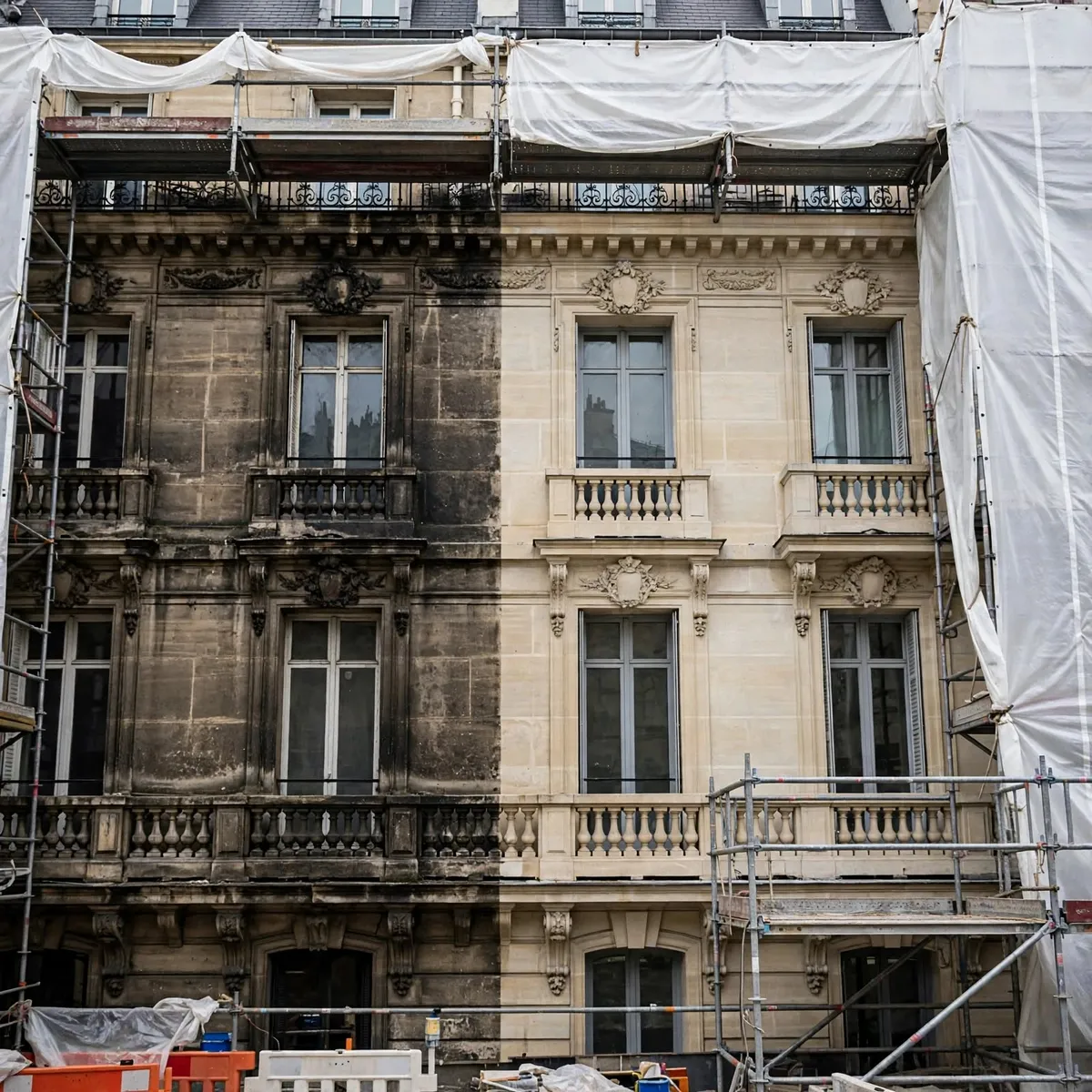 Chantier de ravalement de façade en cours par l'équipe Ravalement ITE
