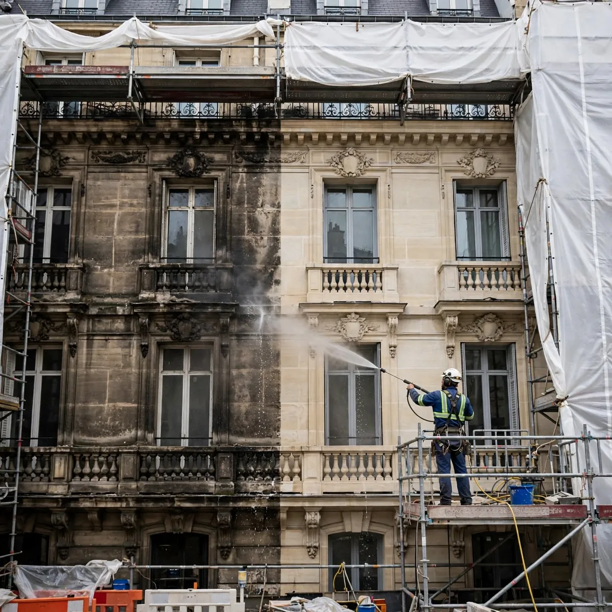 Équipe d'artisans façadiers de Ravalement ITE devant un immeuble rénové
