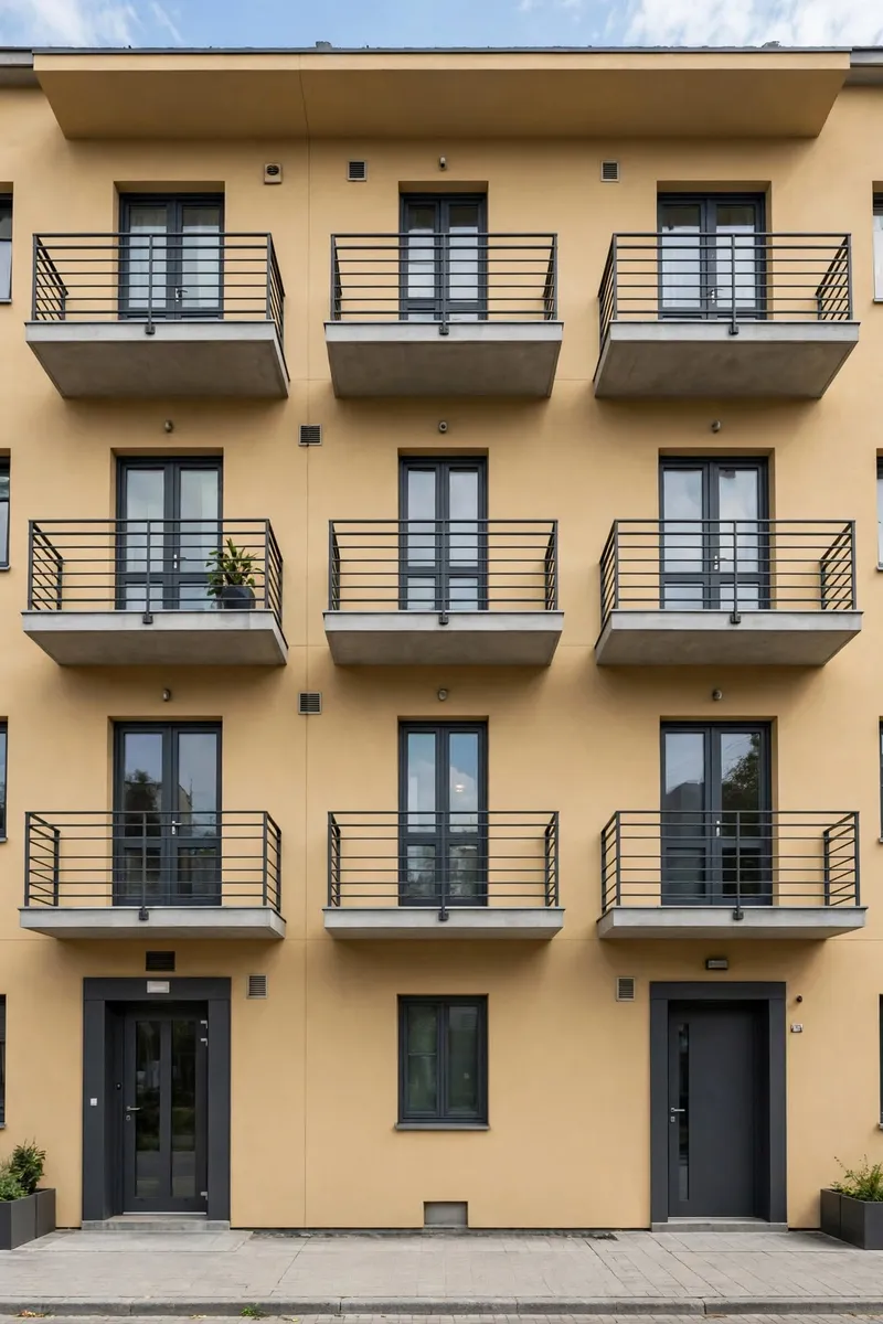Le même immeuble après isolation thermique par l'extérieur : enduit ocre uniforme et épaisseur d'isolant visible