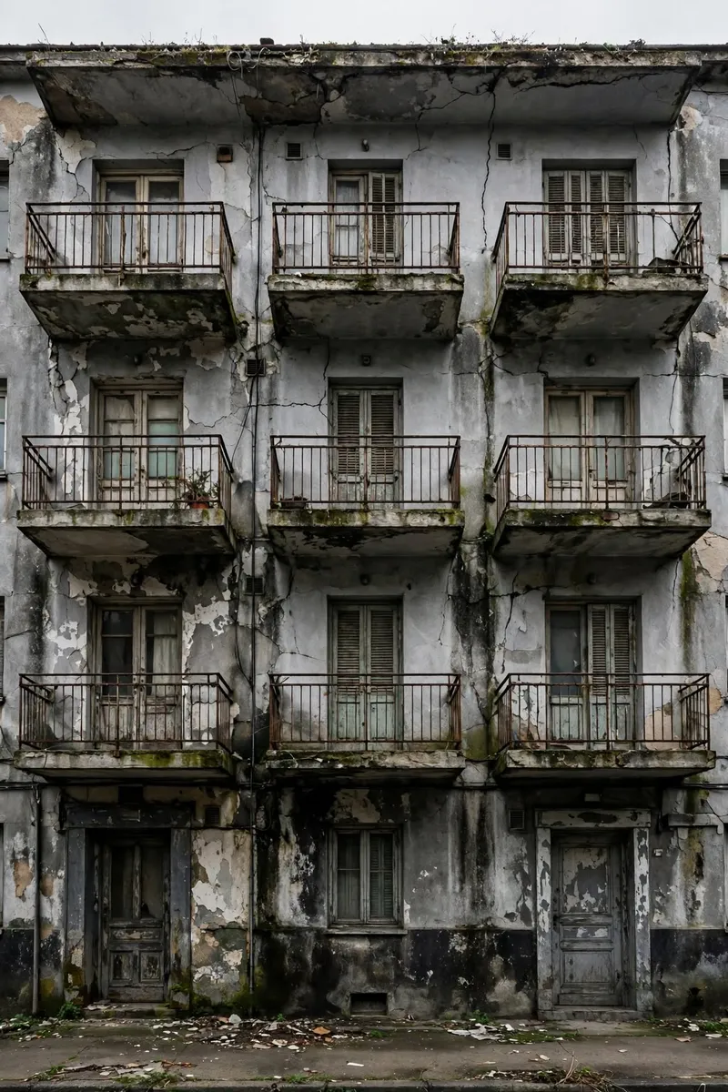Immeuble collectif avant isolation par l'extérieur : façade fissurée, enduit vieilli et déperditions thermiques