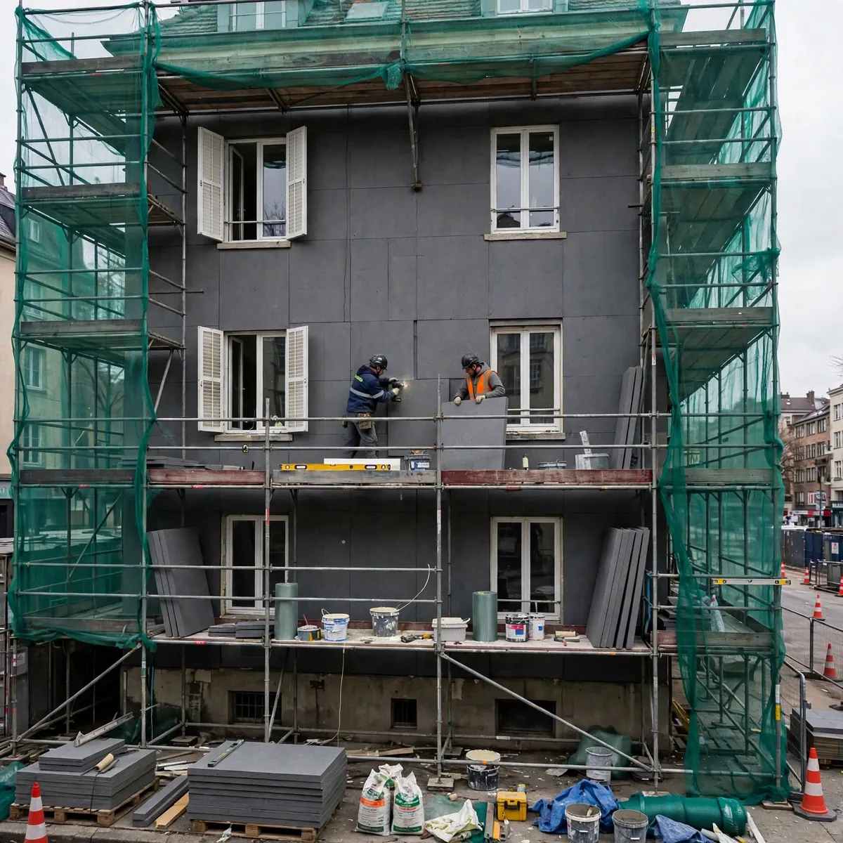 Pose de panneaux isolants sur une façade extérieure sous échafaudage