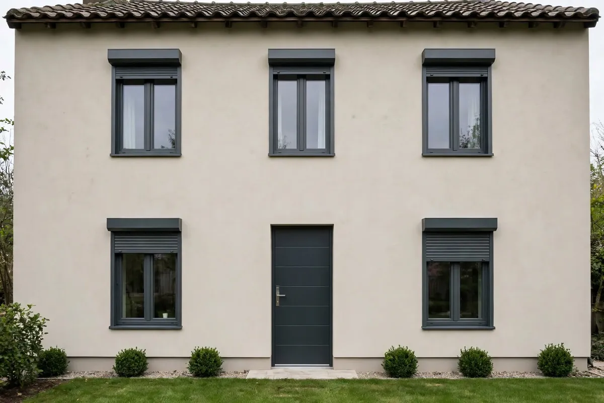 La même maison après ravalement : crépi ton pierre, volets repeints en blanc et fissures traitées