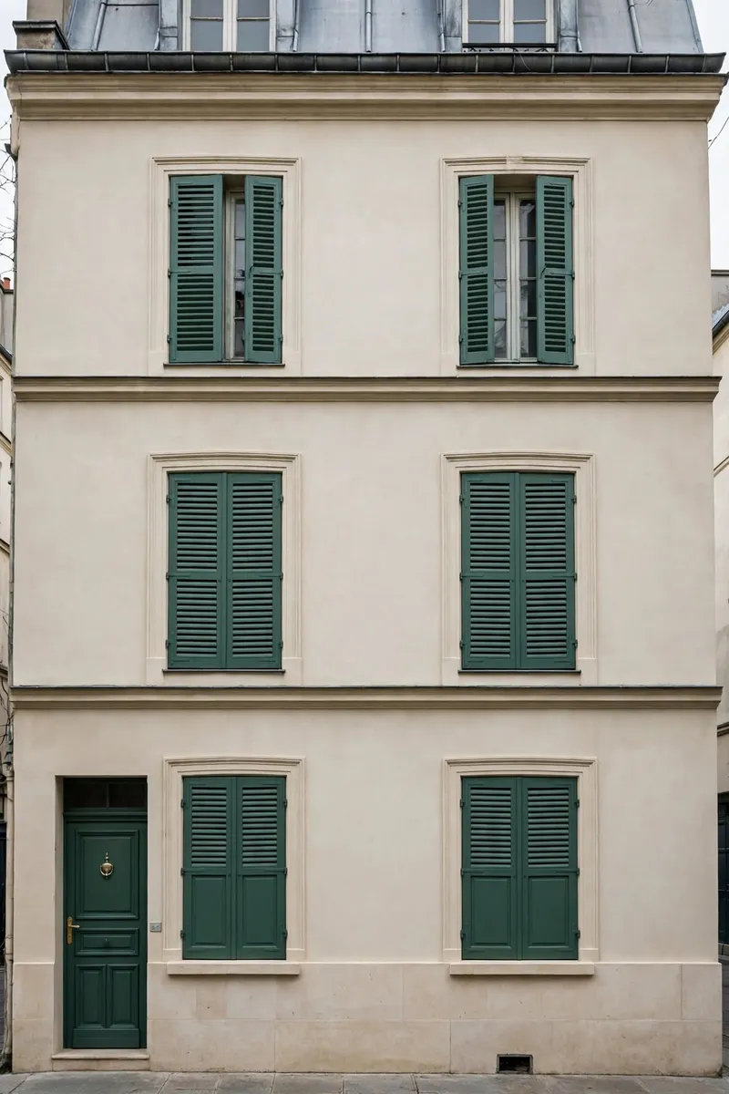 La même façade après ravalement : enduit clair uniforme, menuiseries rénovées et corniche restaurée