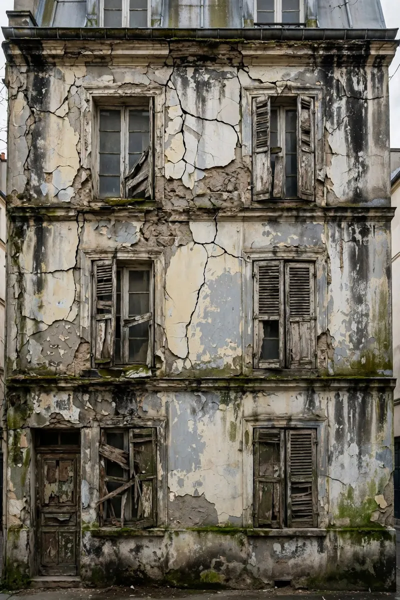 Façade de l'immeuble avant ravalement : enduit encrassé par la pollution, traces noires et mousses en pied de mur
