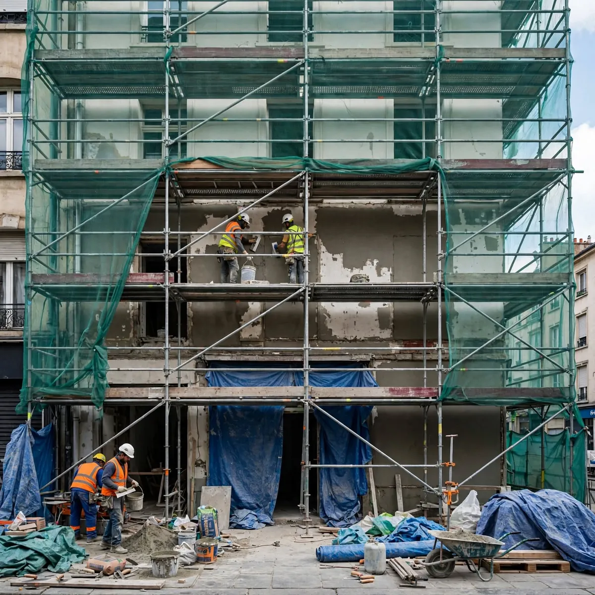 Artisan ravaleur nettoyant une façade à haute pression avant enduisage
